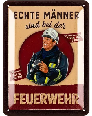Produktbild von LANOLU Retro Blechschild Feuerwehr - Echte Männer - Feuerwehrmann Geschenke für Männer, Feuerwehr Deko Schild - Metallschild, 15x20cm