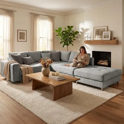 Produktbild von riess-ambiente Wohnlandschaft KENT 220cm grau Strickstoff Ecksofa inkl. Hocker und Kissen