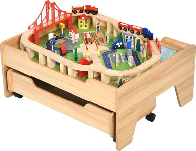 Produktbild von Spieltisch aus Holz, 100-teiliges Eisenbahn-Set, Holzeisenbahn mit Schienen, umkehrbarer & abnehmbarer Tischplatte, großer Aufbewahrungsschublade, Spielzeug für Kinder ab 3 Jahre