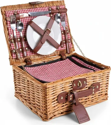 Image de Panier pique-nique en osier avec compartiment réfrigérant et accessoires - vaisselle, couverts, verres à vin - idée cadeau pour le camping, les activités de plein air et la famille | Pour 2 personnes | Rouge