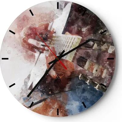 Produktbild von Wanduhr - Rund - Glasuhr - Gitarre Musik - 40x40cm - Schleichendes Uhrwerk - Lautlos - zum Aufhängen bereit - Dekoration Modern - Wanddekoration aus Glas - C3AR40x40-4000