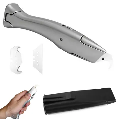 Immagine prodotto di Set di coltelli multiuso con lame a forma trapezoidale, coltello da taglio, coltello per tappeti, realizzati in argento e lega di alluminio, con custodia per il trasporto e la conservazione