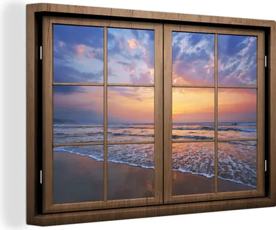 Produktbild von OneMillionCanvasses® - Leinwandbilder - 140x90 cm, Aussicht - Strand - Meer, - Geöffnetes Fenster - Fensterblick Schlafzimmer Kunstdruck Wanddekoration - Foto auf Leinwand - Gemälde auf Holzrahmen