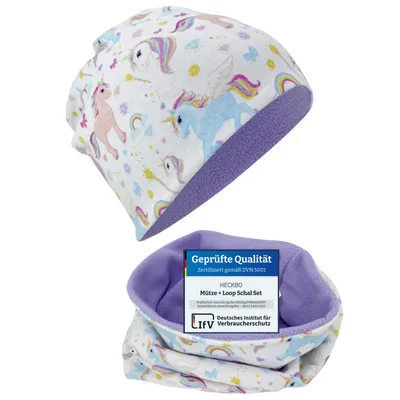 Produktbild von HECKBO Einhorn Kinder Mädchen Beanie Mütze & Loop-Schal Set - Wendemütze oder Wintermütze mit Fleece Vlies - 2-6 Jahre - 95% Baumwolle weiches & pflegeleichtes Stretch Material Frühling Herbst Winter