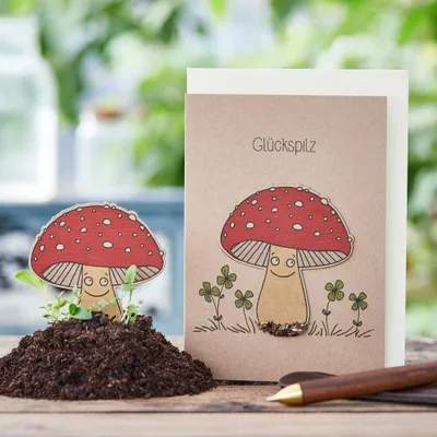 Produktbild von Grußkarte Glückspilz mit Saatstecker nachhaltige Karte aus Saatpapier zum