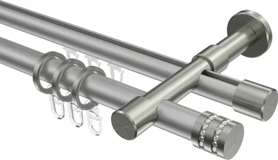 Produktbild von Interdeco Rundrohr-Innenlaufstange / Gardinenstange (Kombination) Silbergrau / Edelstahl-Optik, Typ Prestige Estana (Glitzerkappe), 20 mm Ø 2-läufig, 280 cm