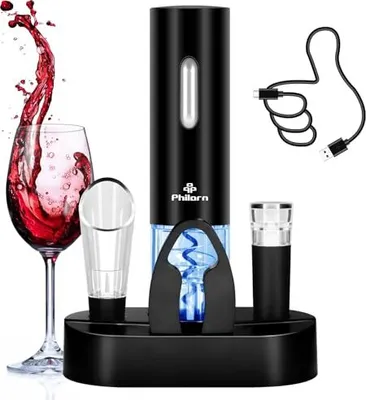 Produktbild von Phillorn Electric Wine Korkenzieher, wiederaufladbar 5-in-1-Set Automatischer Flaschenöffner, Folienschneider, Vakuumstopper, Ausgießbasis