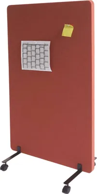 A freestanding, mobile room divider with wheels, featuring a fabric surface suitable for pinning notes and documents.