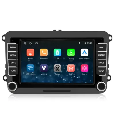 Obrázek produktu pro 7palcové autorádio pro VW Polo 6R, Passat B6, Golf 5/6, Touran, Tiguan, T5, Škoda. Rádio s operačním systémem Linux, podporou CarPlay a Android Auto, Bluetooth, WiFi, RDS. Kamera je volitelná