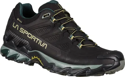 Schwarze Wanderschuhe "Ultra Raptor II Leather GTX" von La Sportiva mit grünlichen Akzenten und robustem Profil.