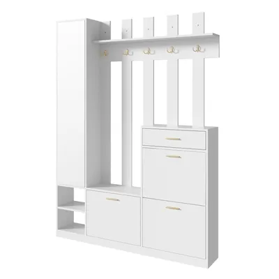 Produktbild von Garderoben-Set mit Spiegel, 3 Schuhkippern, 1 Schublade & vielen Haken – Platzsparende Garderoben-Kompaktgarderobe für Diele & Flur,133x23,5x180 cm