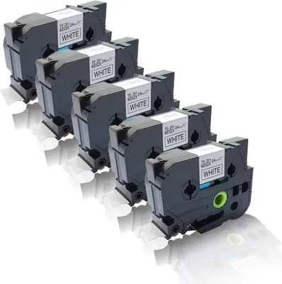 A set of five label maker tape cartridges are arranged in a diagonal line against a white background.
