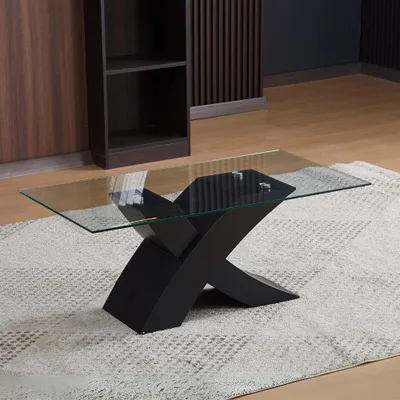 Immagine prodotto di Tavolino da salotto Shiva piano in vetro e base nera a incrocio 110x60x45H