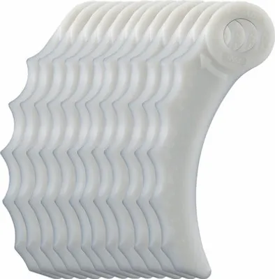 A stack of white plastic trimmer blades.