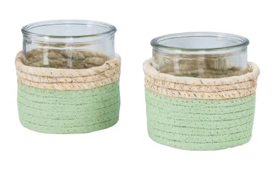 Produktbild von 2er Set Glas Windlicht H10cm Natur Grün Teelichthalter Kerzenhalter Tischdeko