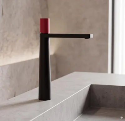 Produktbild von Hohe Badarmatur Schwarz Matt für Aufsatzbecken – 315mm Waschtischmischer mit markantem Roten Griff (matt) – Modernes Design, Wasserfall-Auslauf, Keram