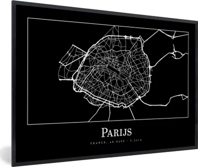Produktbild von MuchoWow® Gerahmtes Poster Paris - Karte - Stadtplan 90x60 cm - Poster mit Schwarzem Bilderrahmen Wandposter Rahmen Foto Bilder - Fotorahmen - Foto-Plakat