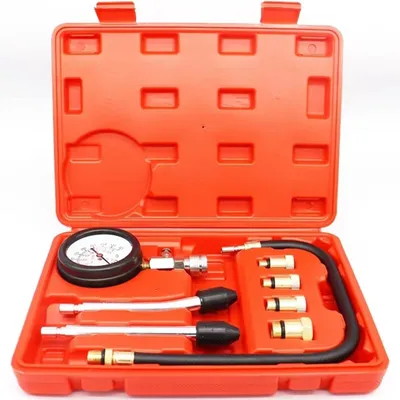 Produktbild von Benzinamotor-Kompressionsprüfer Techstar, mit Manometer 0-20 bar, flexibler Schlauch 45 cm, 4 Gewindeadapter M10 M12 M14 M18 und 2 universelle Konusadapter