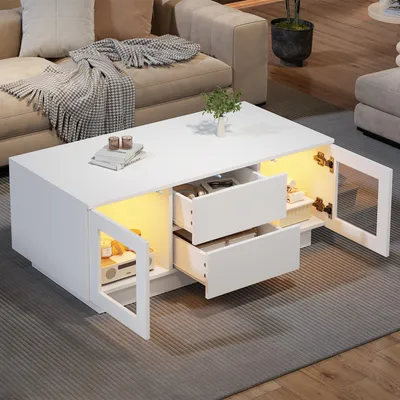 Image de Table basse 100x50x40, finition haute brillance, éclairage LED intégré, meuble de rangement, table d'appoint/table de salon