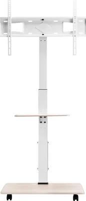 A white, adjustable TV stand with a wooden base and shelf, shown against a white background.