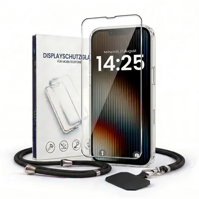 Produktbild von Handyhülle für Apple iPhone 15 mit Handykette und 9H Displayglas Displayschutz Band in Schwarz Kordel Hülle Case Schutzhülle Transparent