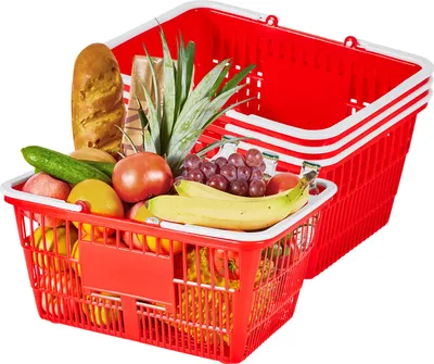 Zdjęcie produktu dla Koszyk na zakupy VEVOR, 4 szt., 21 l, koszyk plastikowy PE z uchwytami, koszyk uniwersalny, sztaplowany, koszyk plastikowy, przenośny do artykułów spożywczych, detalicznych, sklepów, supermarketów, użytku domowego, czerwony