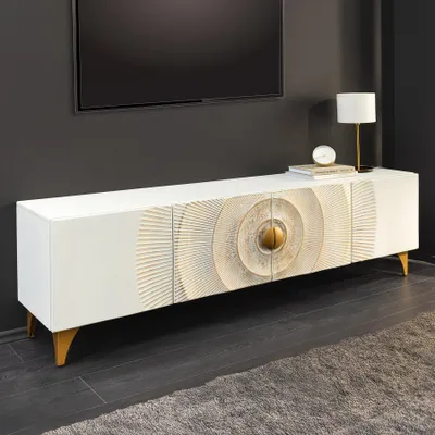 Produktbild von riess-ambiente Massives TV-Lowboard GOLDEN SUNSET 180cm weiß gold Mangoholz 3D Schnitzereien Metallfüße