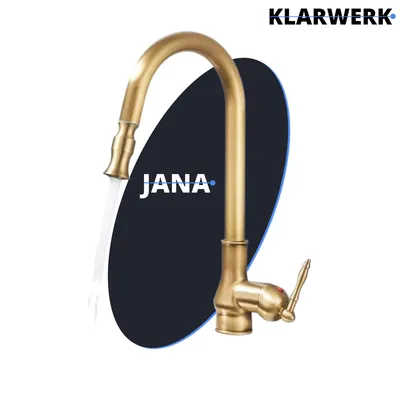 Produktbild von JANA | Vintage Edelstahl ausziehbare Küchenarmatur Messing antik | Mischbatterie hoher Bogen | Wasserhahn Gastro Hochdruck 360° drehbar 2 Anschlüsse