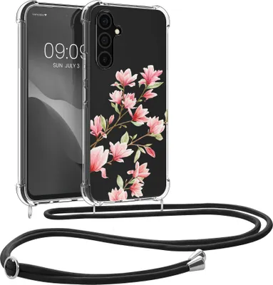 Produktbild von kwmobile Necklace Case kompatibel mit Samsung Galaxy A54 5G Hülle - Silikon Cover mit Handykette - Rosa Weiß Transparent Magnolien