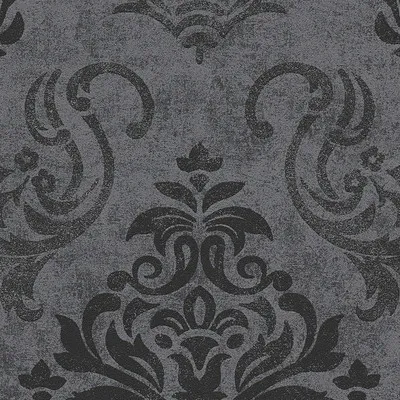 A close-up of a grey and black damask wallpaper pattern.