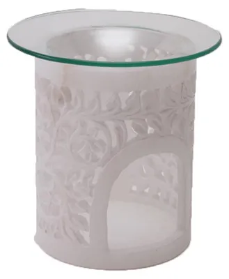 Image de Lampe parfumée Lotus en alabastre avec un bol en verre, en pierre tendre, avec un motif de fleurs entrelacées