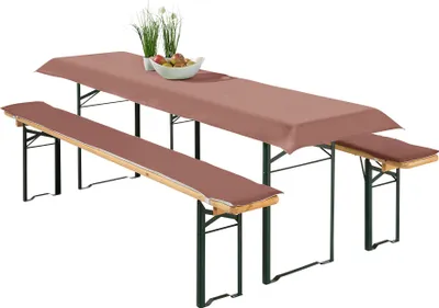 Produktbild von heimtexland ® Bierzeltgarnitur Auflagen Set 3-teilig Tischdecke Bierbank Polster Sitzkissen Tischdeko Typ698 Braun für Tischmaß 50x220 cm