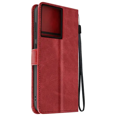 A red wallet-style phone case with a wrist strap is shown against a white background.