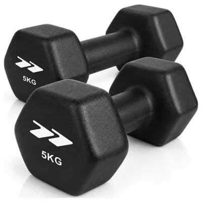 Obrázok produktu pre Sada krátkych činkových kotúčov, neoprén, liatina, 2x5 kg, čierna, Easylift, rozmery: 9 x 10,5 x 22 cm, určené na posilňovacie cvičenia