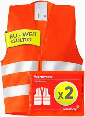 Produktbild von PURAHELP Warnwesten Auto 2er Set Europaweit gltig nach EN ISO 20471 - Reflektierende Warnweste Auto - Sicherheitsweste Auto Warnweste Orange