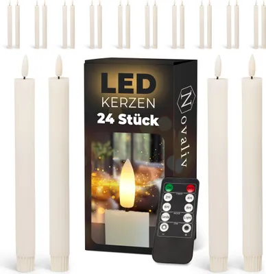 Produktbild von LED Stabkerzen 24 Stück ECHTWACHS gerippt WEISS - mit Timer Funktion 6 Stunden - 23cm Höhe für Kerzen 2,2cm Durchmesser 2 AAA Batterien notwendig LED Stabkerzen 2er Set 6x WEISS bewegliche Flamme