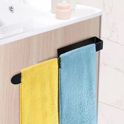 Image de Porte-serviettes de bain autocollant, 37 cm, noir - Fixation murale, convient pour la salle de bains et la cuisine.