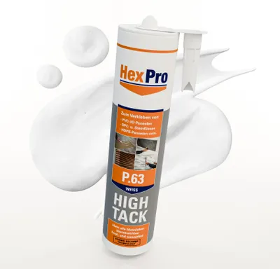 Produktbild von HexPro Polymer Montagekleber extra stark (1 Kartusche P63 Weiß) Profi Kraftklebstoff Innen Außen - überstreichbar wasserfest UV-beständig elastisch für helle Akustikpaneele Filz