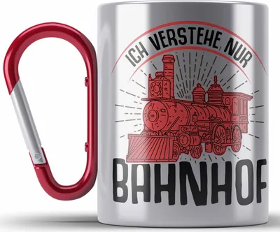 Produktbild von Trendation - Ich Versteh Nur Bahnhof Lokführer Edelstahl Tasse Karabiner Geschenk Eisenbahner Spruch Lokomotive Geschenkidee Eisenbahn (Rot)