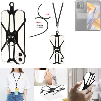 Produktbild von K-S-Trade 3in1 Handykette Handyband Handykordel Halsband Smartphone-Ring Handy-Ring kompatibel mit POCO M5s Fingerhalterung Handyring Tischständer