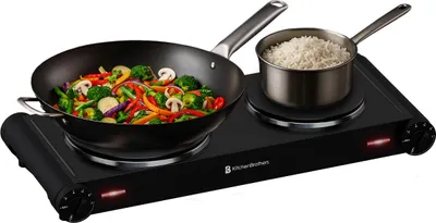 Produktbild von KitchenBrothers Elektrische Kochplatte - 2 Kochfelder - Freistehend - 7 Temperaturstufen - 1500W + 1000W - Schwarz