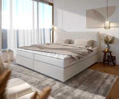Produktbild von DELIFE Boxspringbett Dream-Well Bouclé Creme-Weiß 200x200 cm Bonell-Matratze PolyurethanTopper