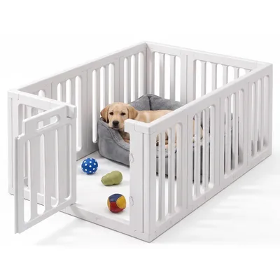 Image de Enclos pour chiots, composé de 12 panneaux et d'une porte verrouillable, hauteur 60 cm, en HDPE, pour chiens et chats, pour intérieur, de couleur blanche