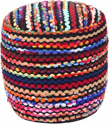 Productafbeelding van Runde zitkussen van rundleer, model Folk, 40x45 cm. Chindi hocker, gestreept zwart-wit zitkussen, kleurrijke voetenbank met zitzakvulling