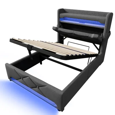 Obrázek produktu pro Čalouněná postel Abrihome 90 x 200 cm s USB a portem typu C, postel pro mládež s úložným prostorem a LED osvětlením, postele s hydraulickým úložným prostorem, plátno, šedá (bez matrace)