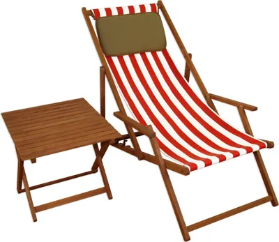 Produktbild von Gartenliege rot-weiß Liegestuhl Tisch Kissen Sonnenliege Deckchair Buche dunkel 10-314 T KD