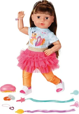 Produktbild von BABY born Play & Style Sister Puppe, brünett, 43 cm, 7 lebensechte Funktionen (batterielos), super-beweglich, badetauglich, inkl. pinkem Stufenrock Outfit, kompatibel mit BABY born Zubehör