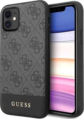 A phone case with a Guess logo and pattern, next to a smartphone.
