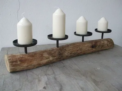 Produktbild von Stilvoller Kerzenständer, 4er ,  Holz + Eisen, massiv, Natur, Landhaus