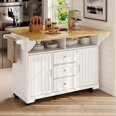Immagine prodotto di Isola da cucina con ruote, estendibile, bianca con piano in legno effetto legno, dimensioni 120x40x95 cm